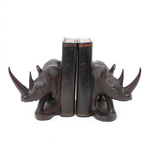 Rhinoceros Dark Brown Hand Carved Wood Bookends African Pair Vintage 8"x6"x7"t